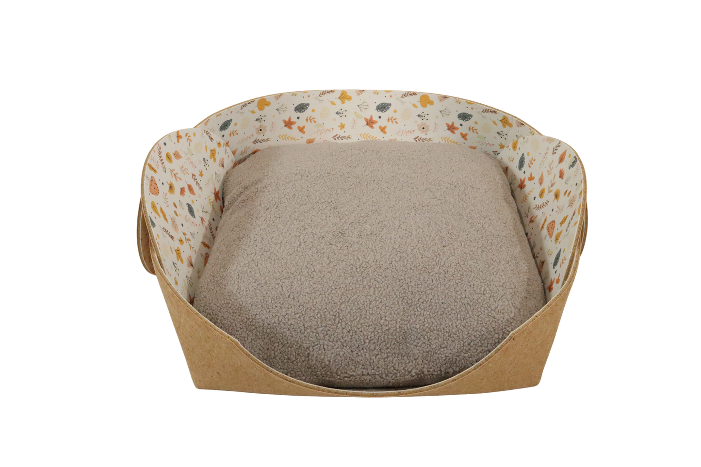 Cozy pet bed FALL FLUFF made of cork with raised sides and a soft beige cushion inside, designed for dogs and cats to sleep comfortably