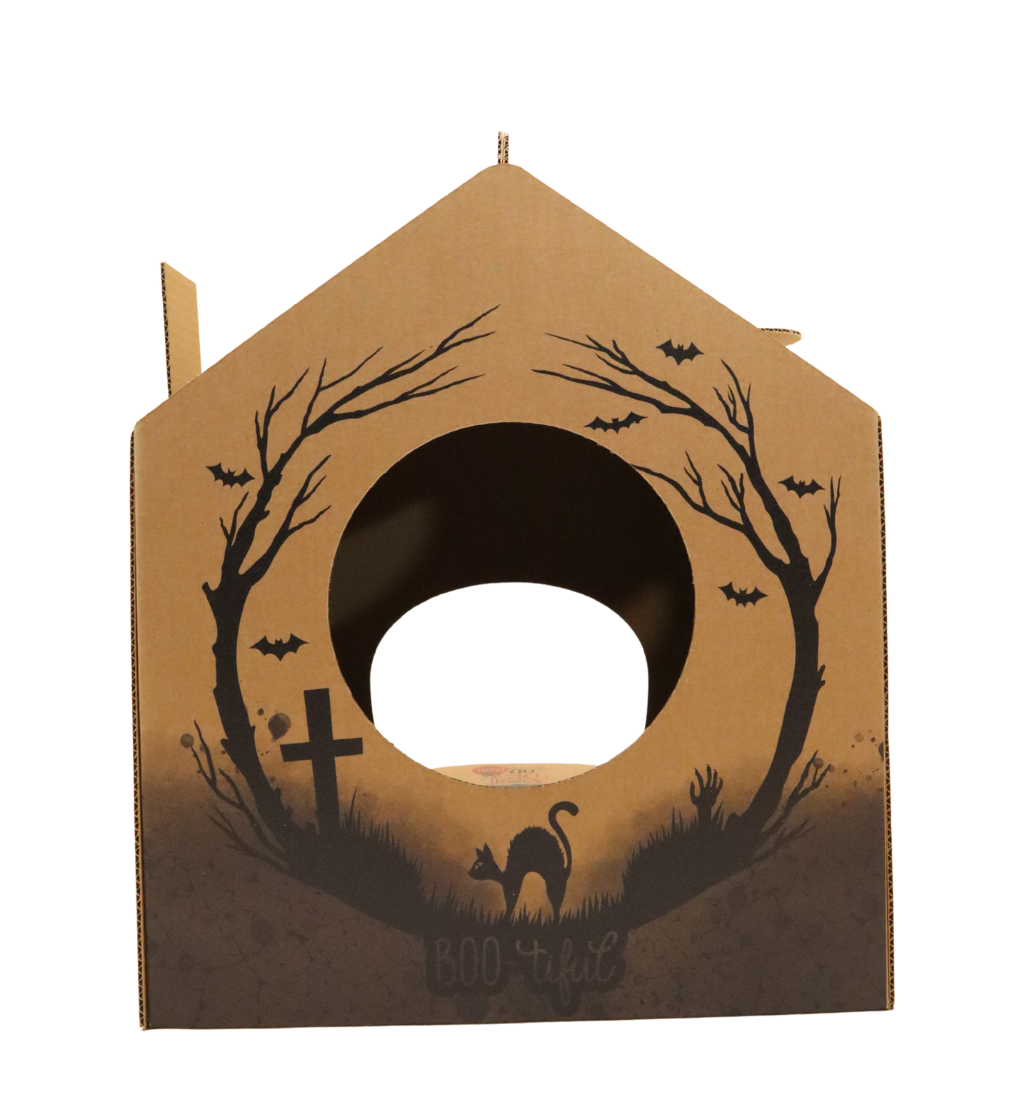 Halloween-themed cardboard cutout with tree, bats, and cat design on a white background