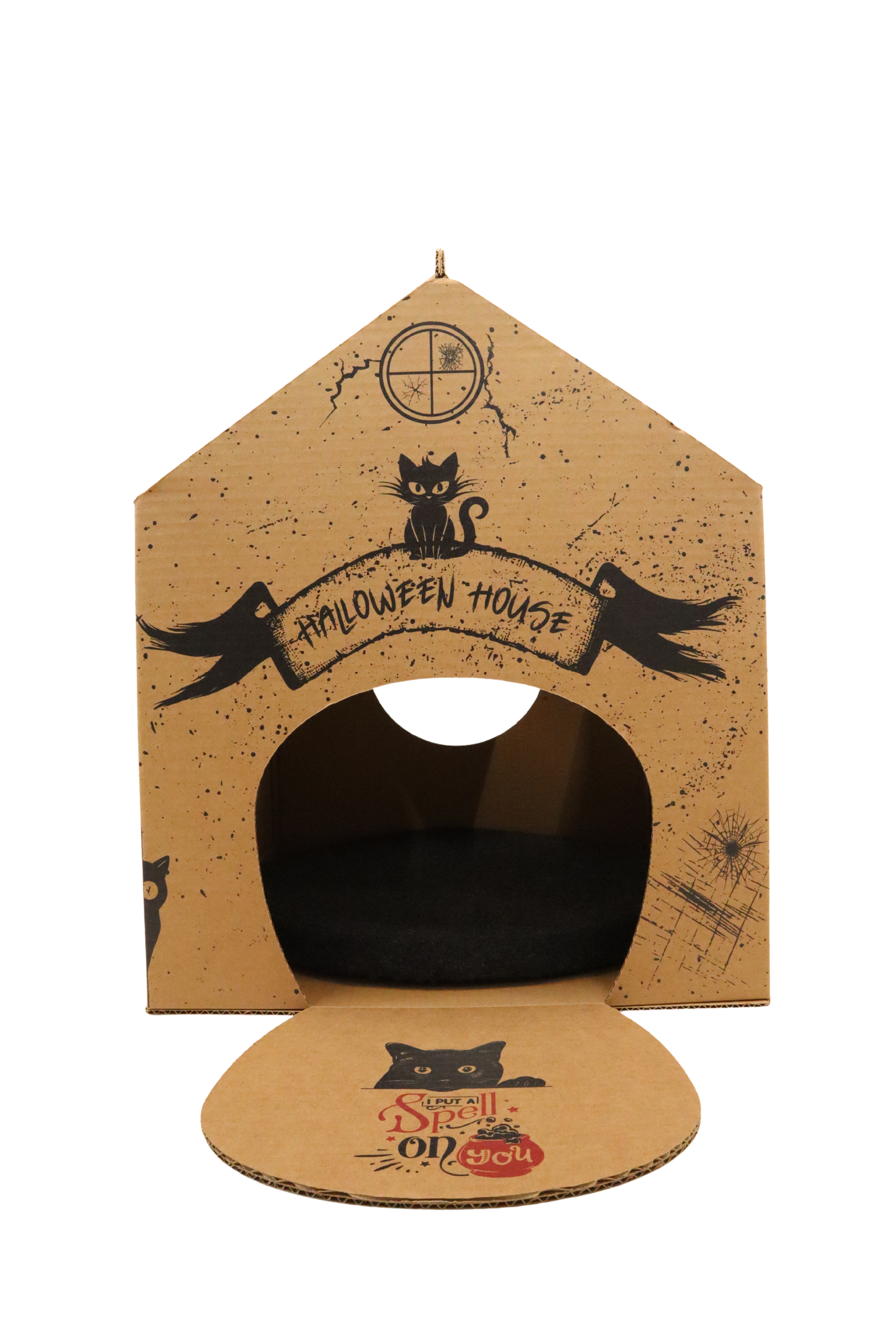Cardboard cat house with black cat illustrations on a white background