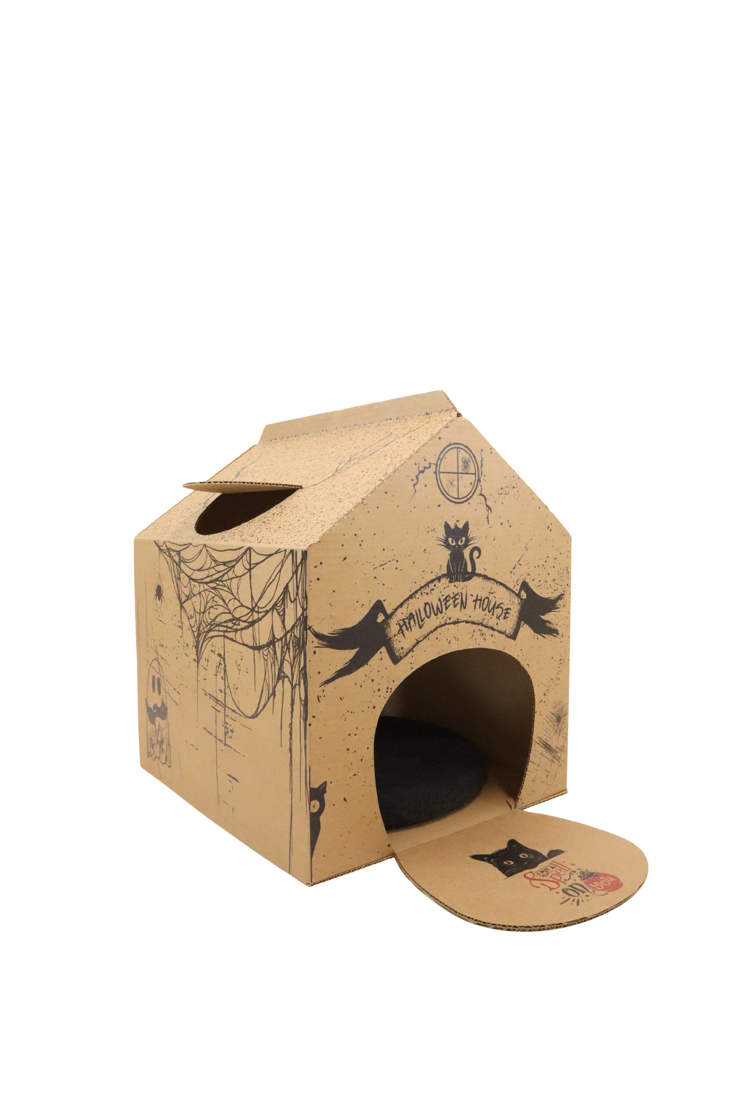 Cardboard cat house with spider web and cat illustrations on a white background