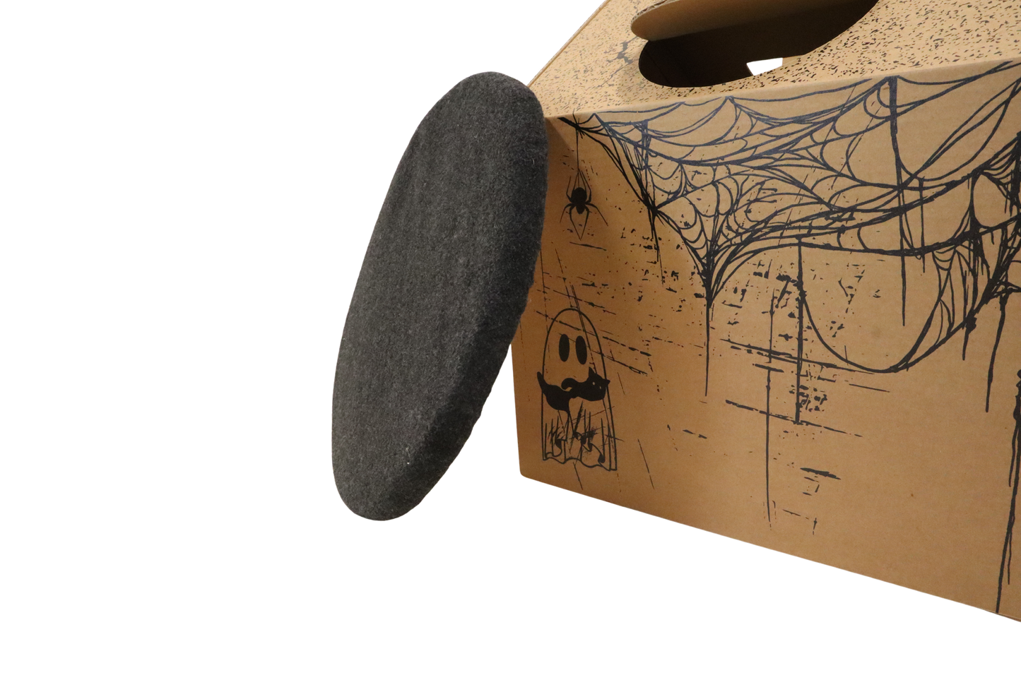 Cardboard box with Halloween-themed design featuring a spider web and ghost, with a black lid.