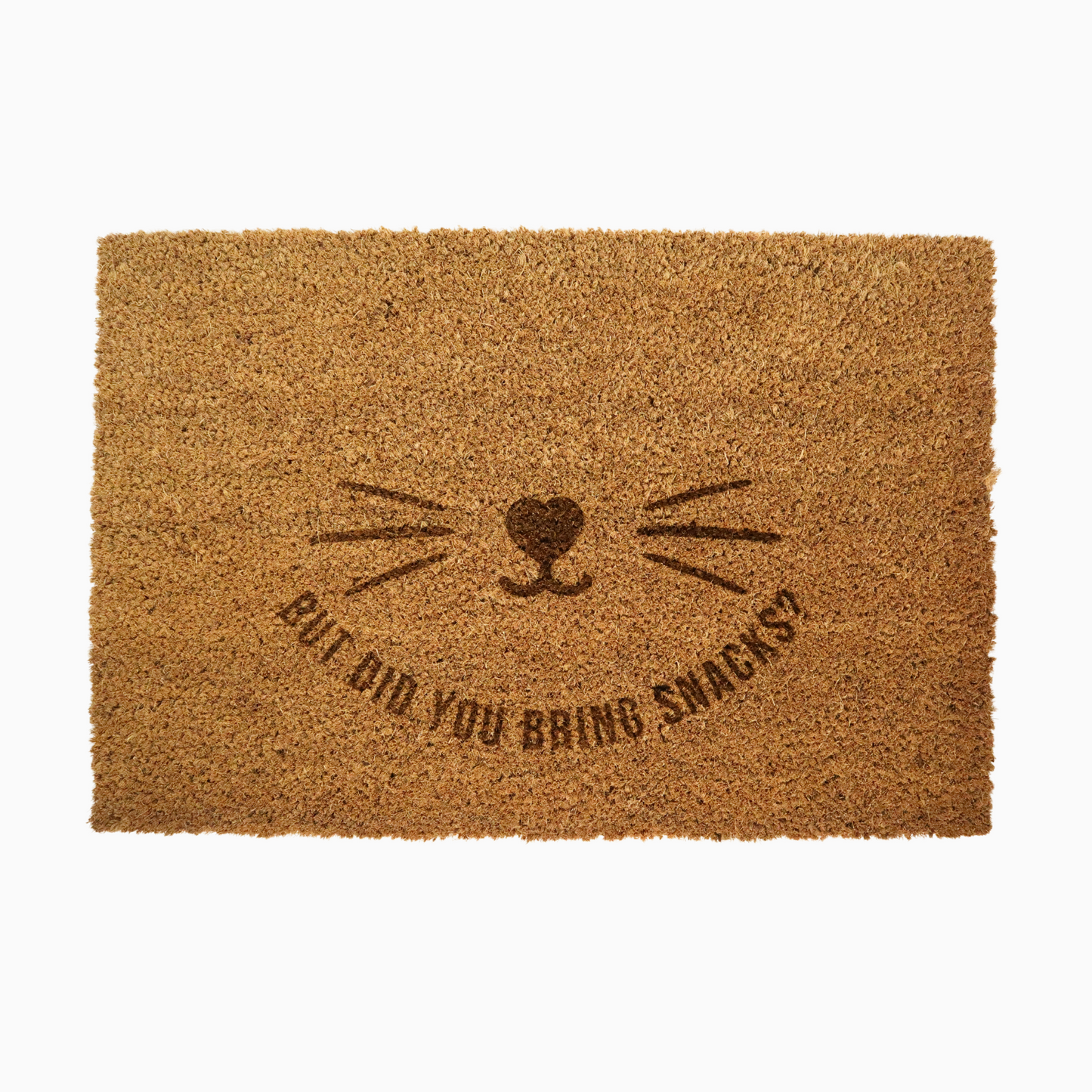 Doormat with cat face design and text 'But did you bring snacks?' on a white background