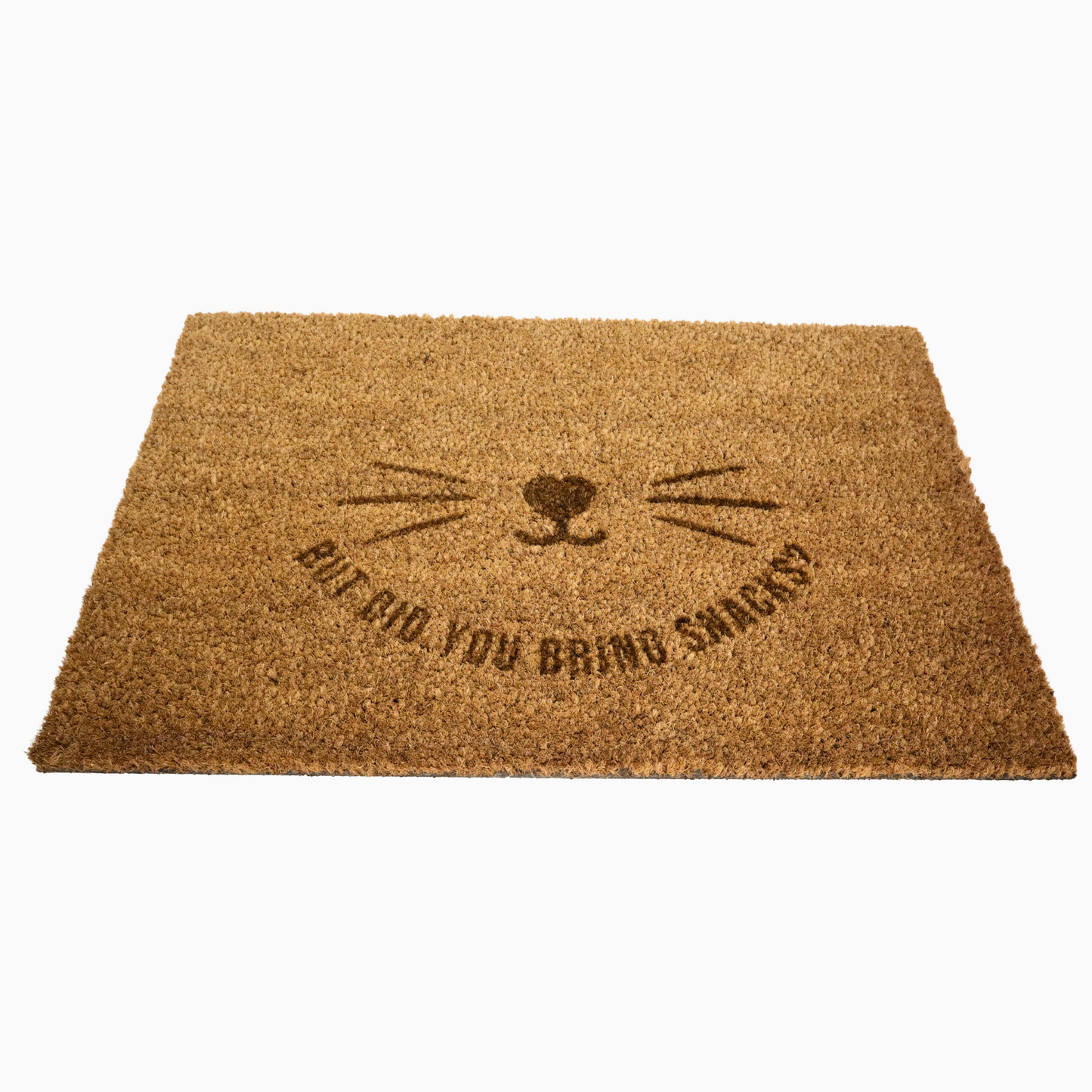 Doormat with cat face design and text 'But did you bring snacks?' on a white background