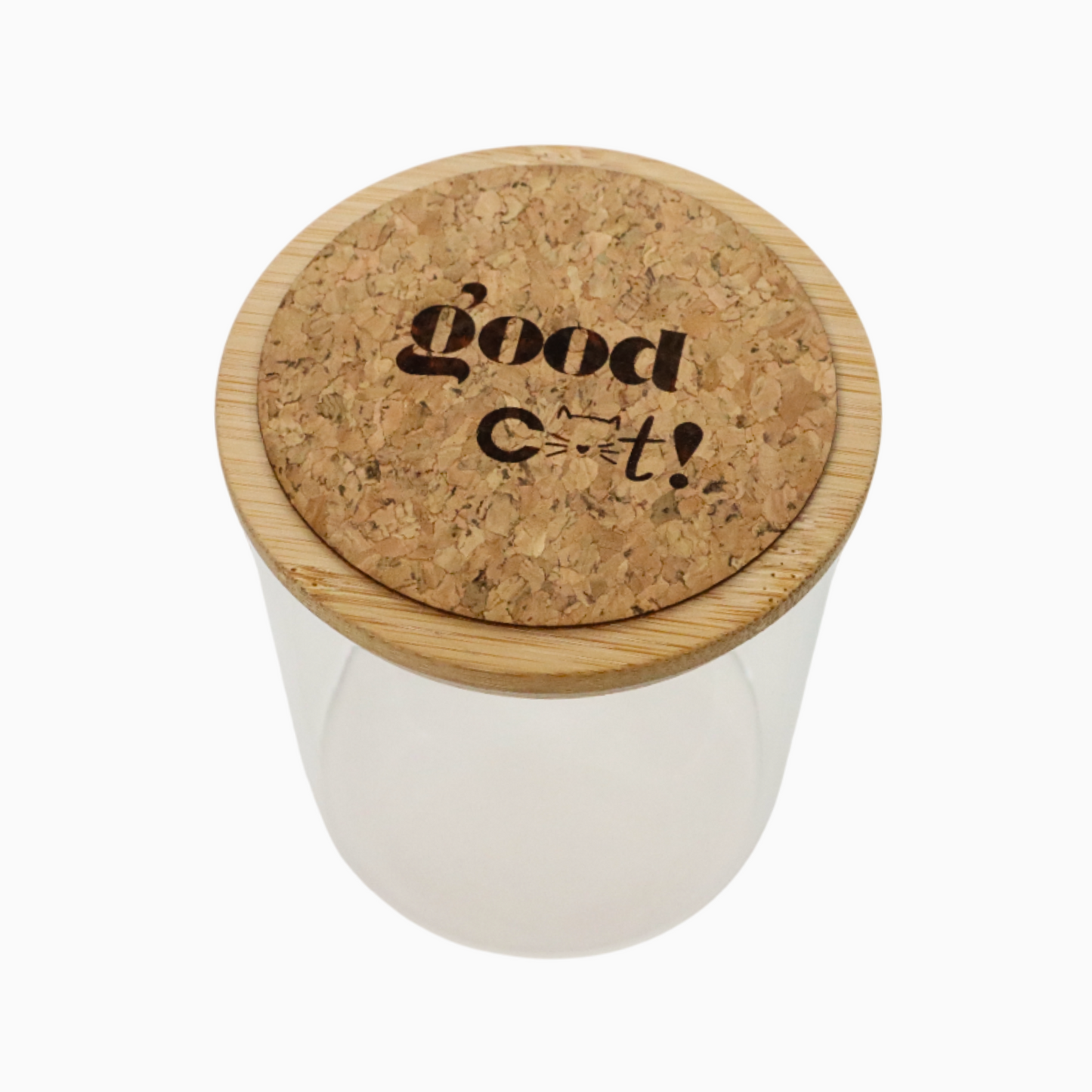 Food container for cats, with a cork lid that has 'Good C**t!' engraved on it, on a white background.