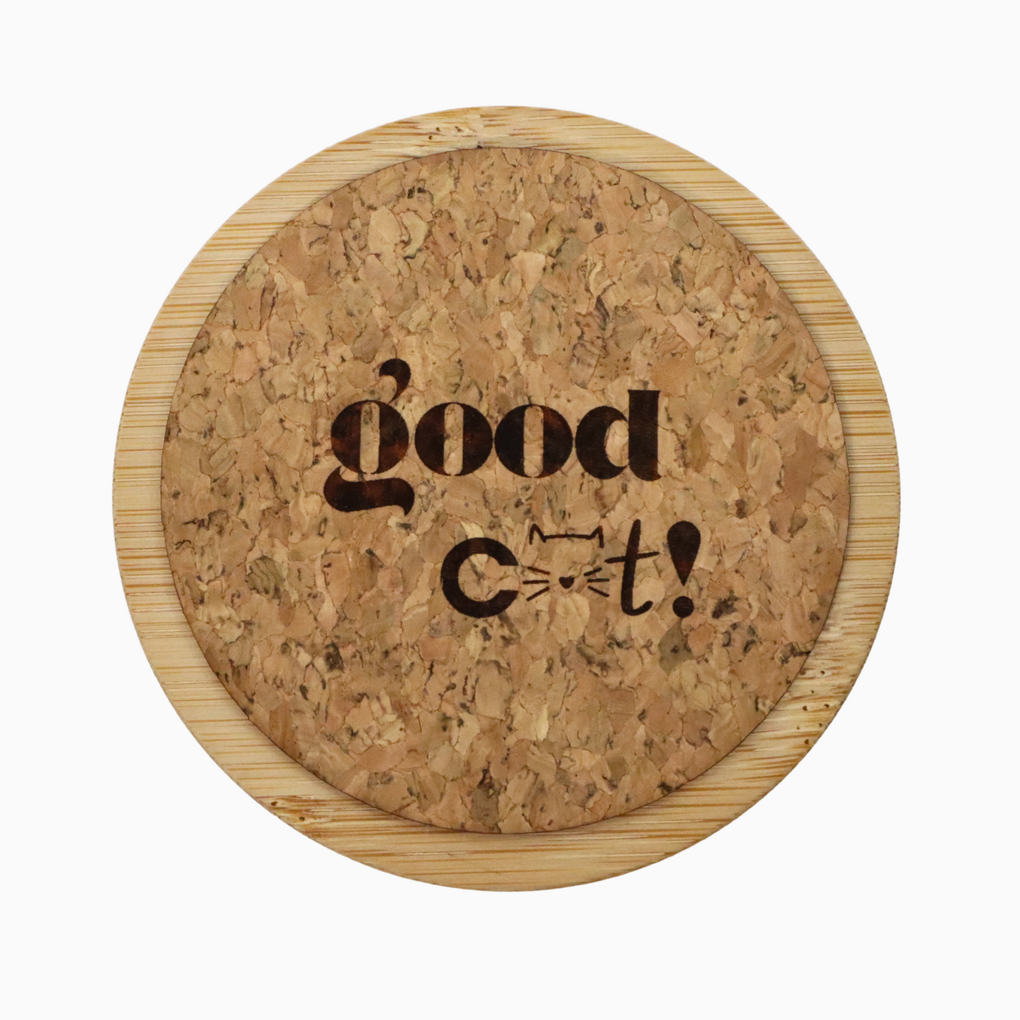 Food container for cats, with a cork lid that has 'Good C**t!' engraved on it, on a white background.