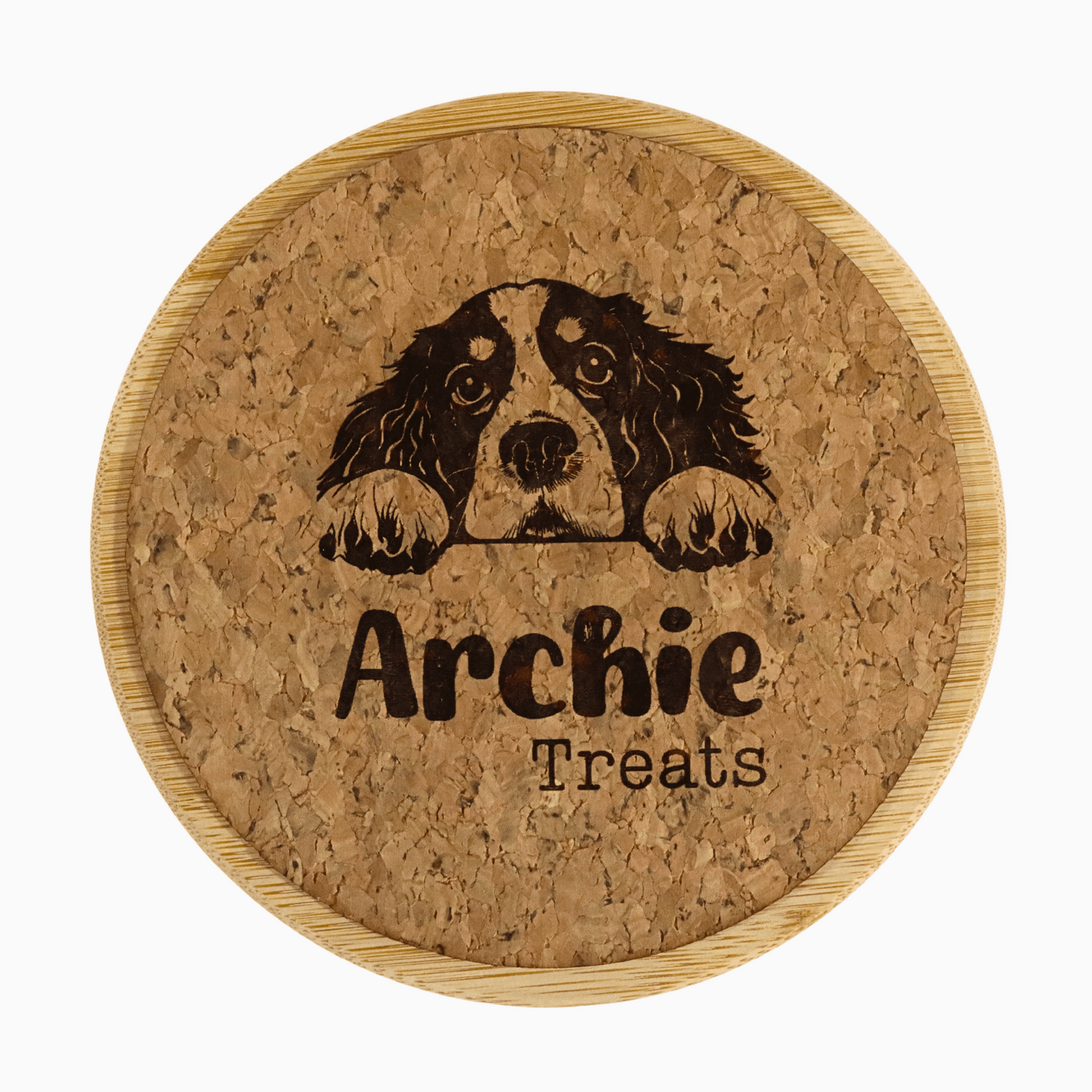 Food container with dog treats and cork lid featuring a customizable dog illustration and name on a white background, perfect for dog lovers