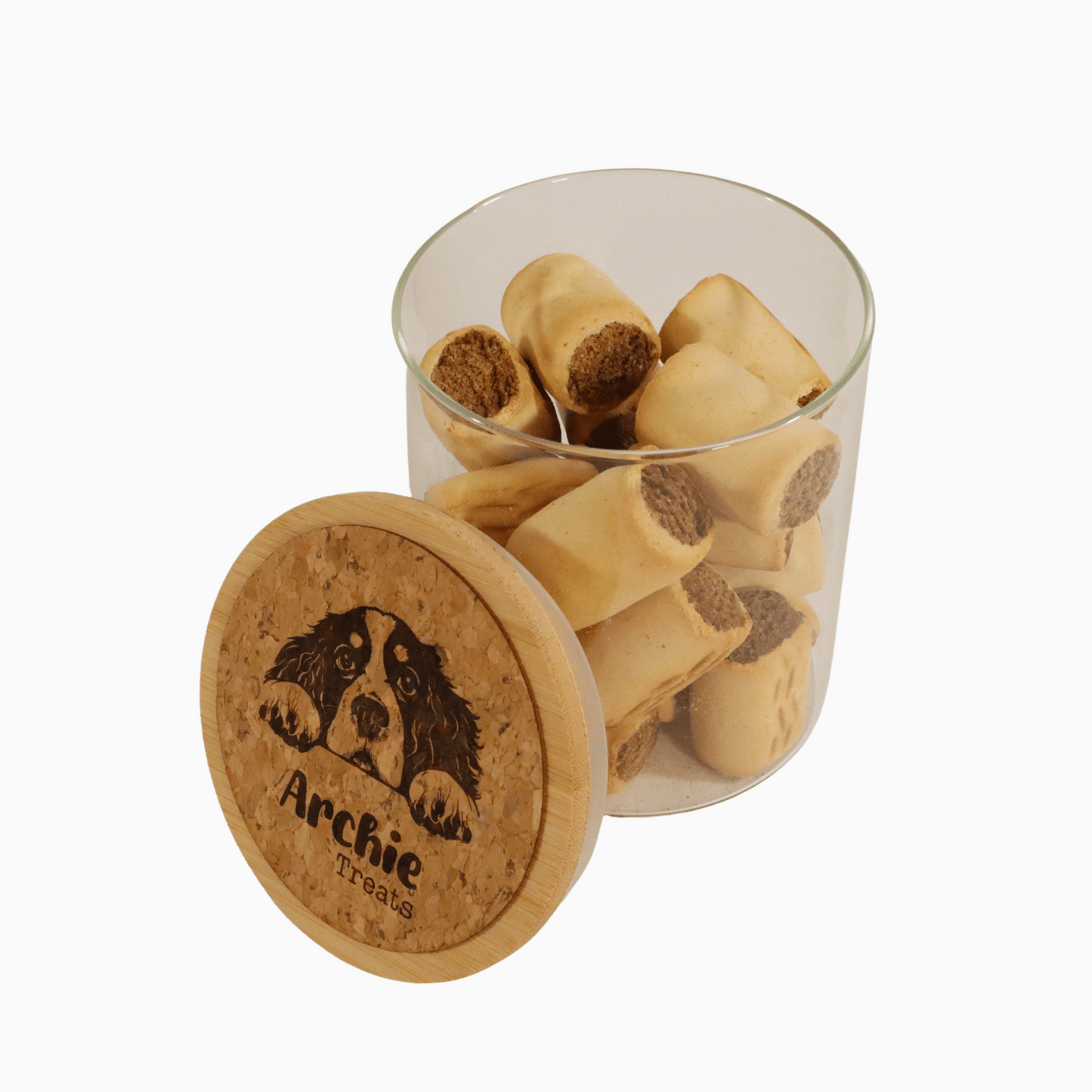 Food container with dog treats and cork lid featuring a customizable dog illustration and name on a white background, perfect for dog lovers