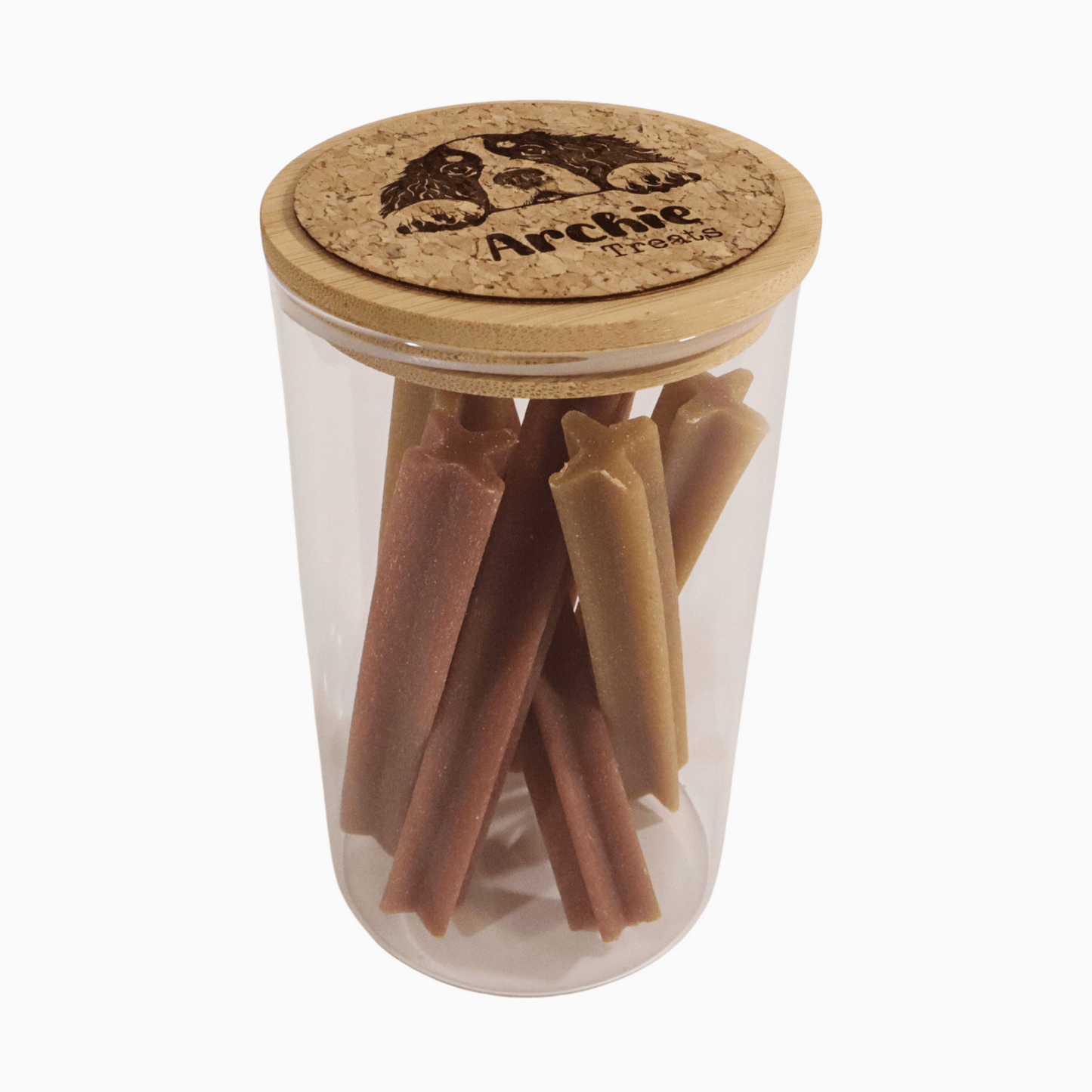 Food container with dog treats and cork lid featuring a customizable dog illustration and name on a white background, perfect for dog lovers