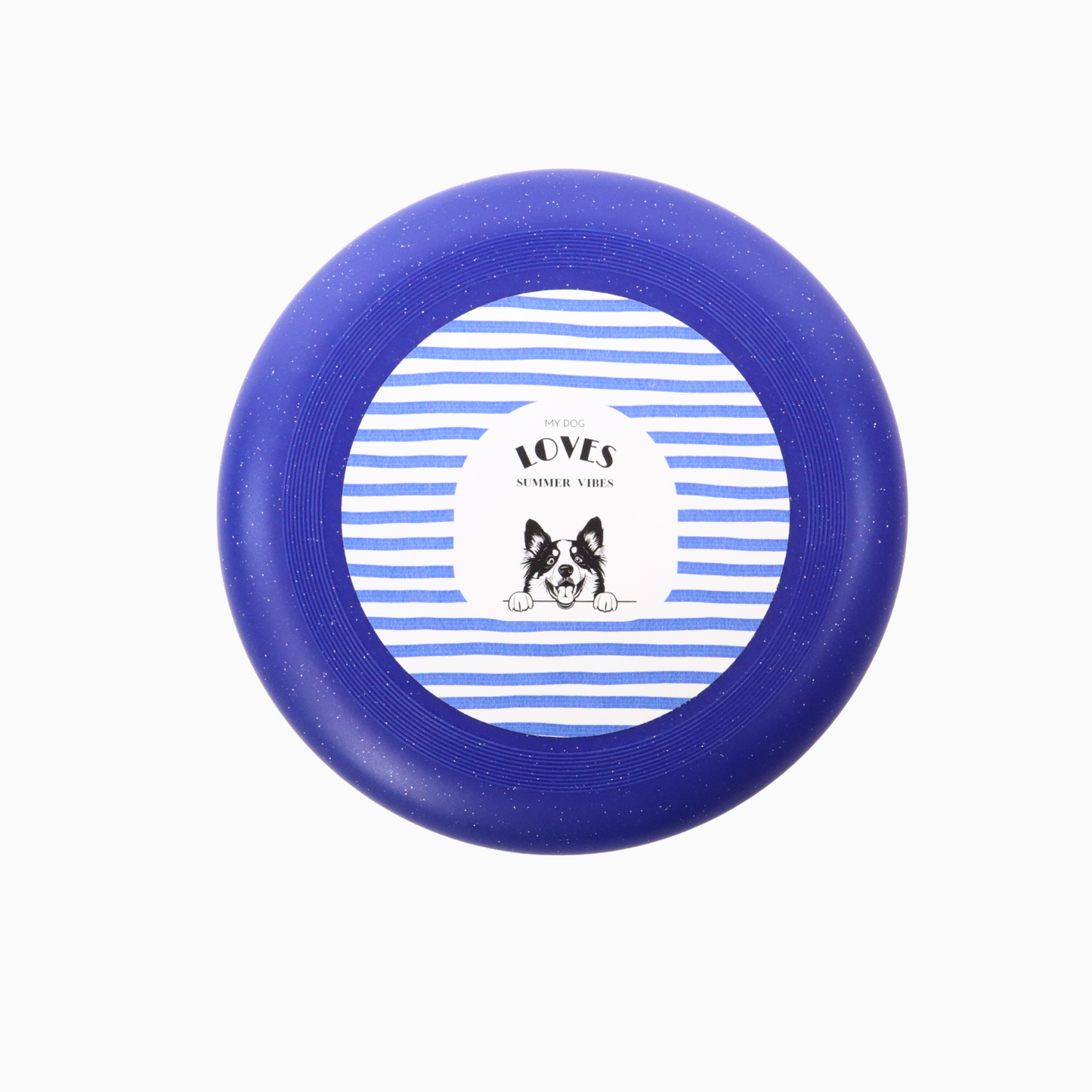 Blue frisbee with a striped pattern and a customizable dog illustration on a white background