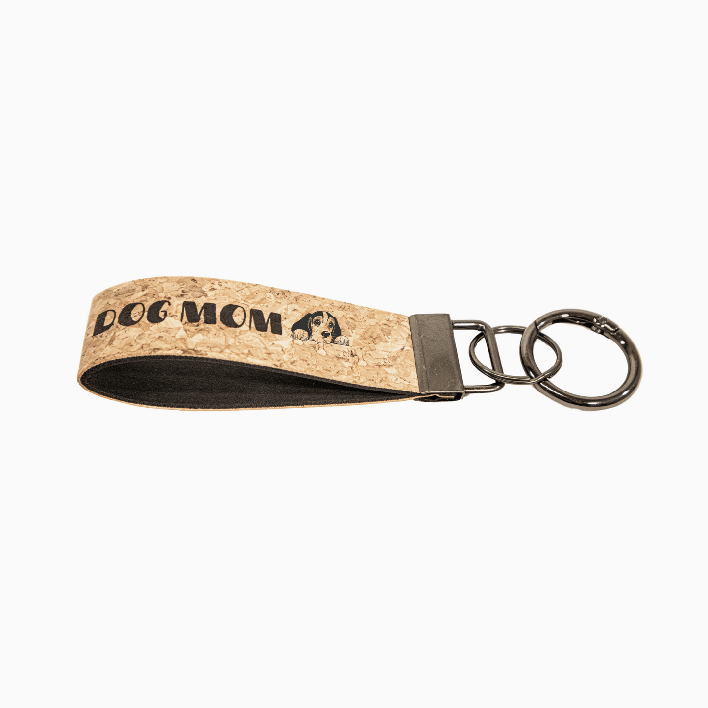 Keychain with 'Dog Mom' text on a cork-like strap, perfect for dog lovers
