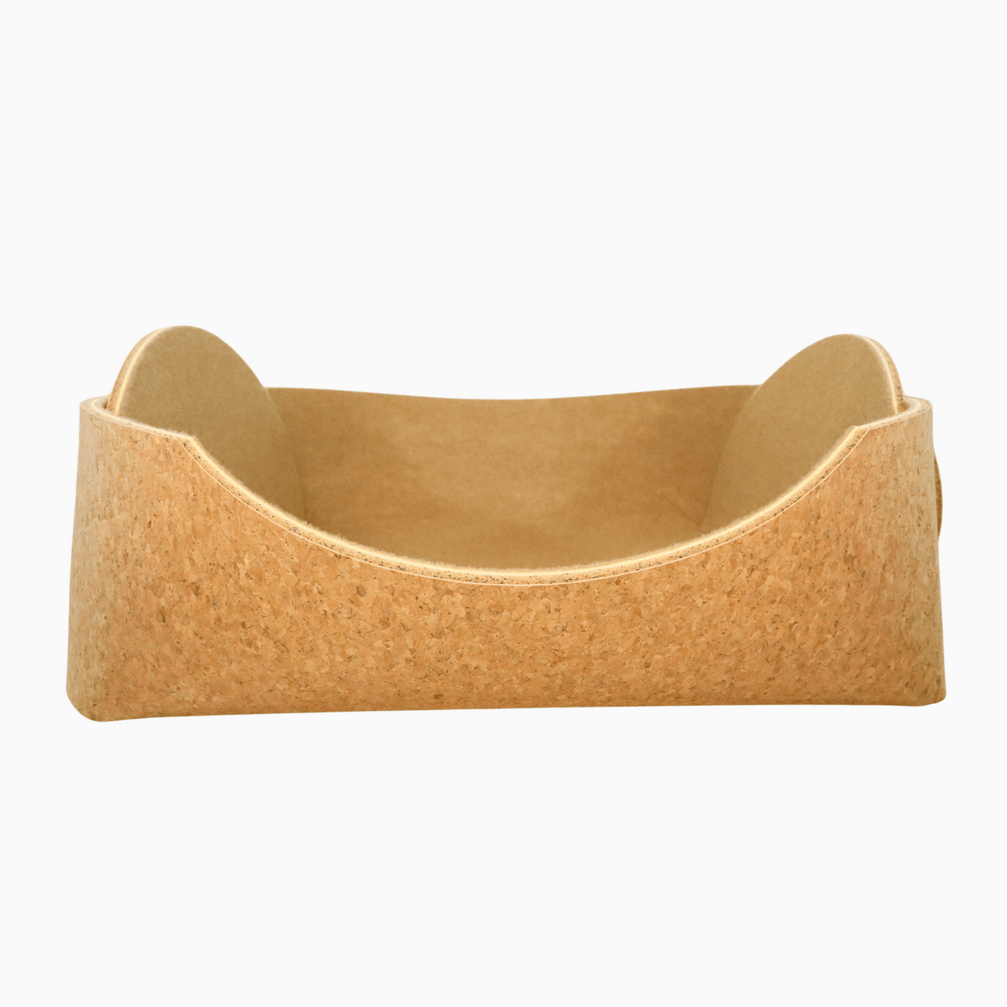 Cozy pet bed made of cork with raised sides and a soft beige cushion inside, designed for dogs and cats to sleep comfortably