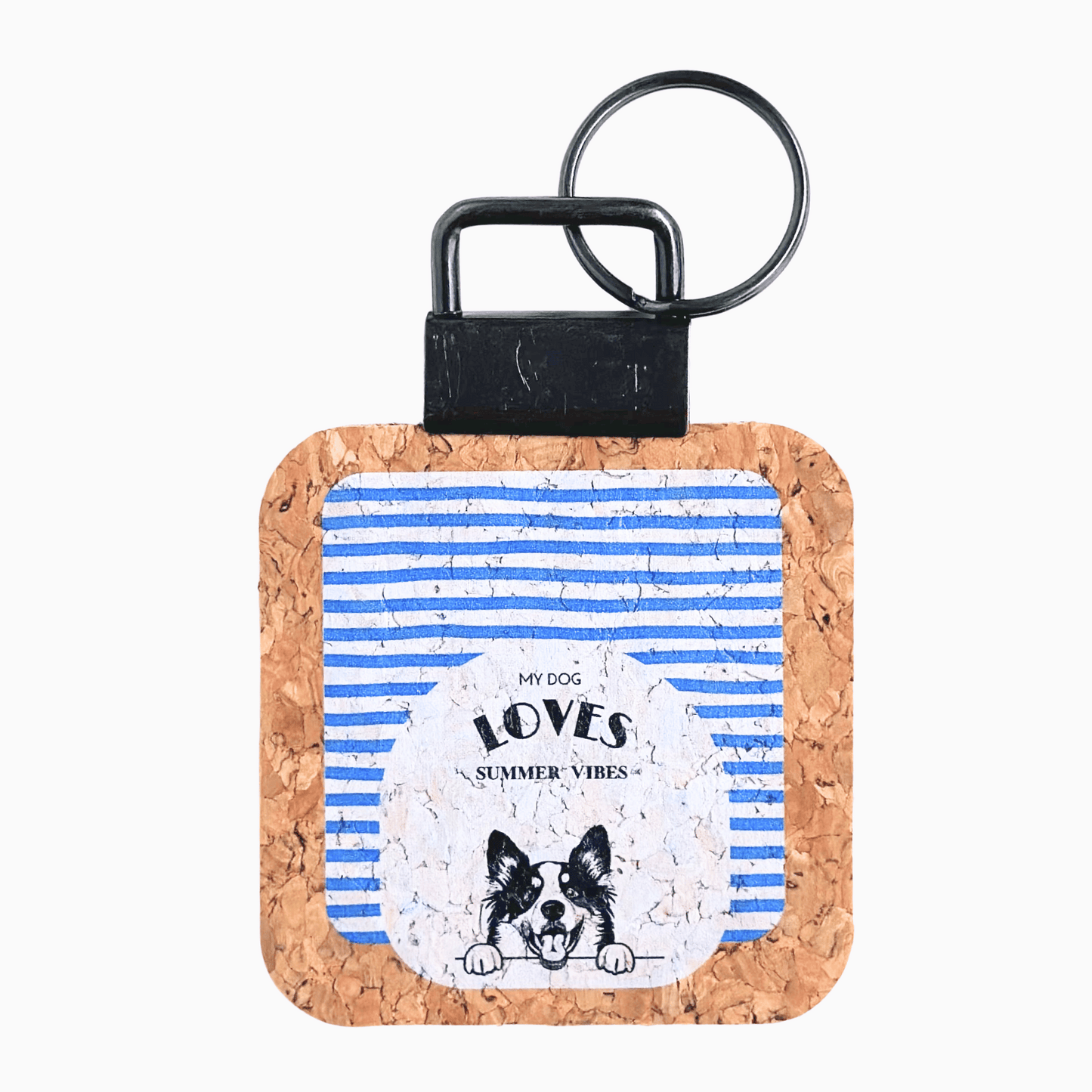 Keychain with cork border and striped card featuring a customizable dog illustration, perfect for dog lovers