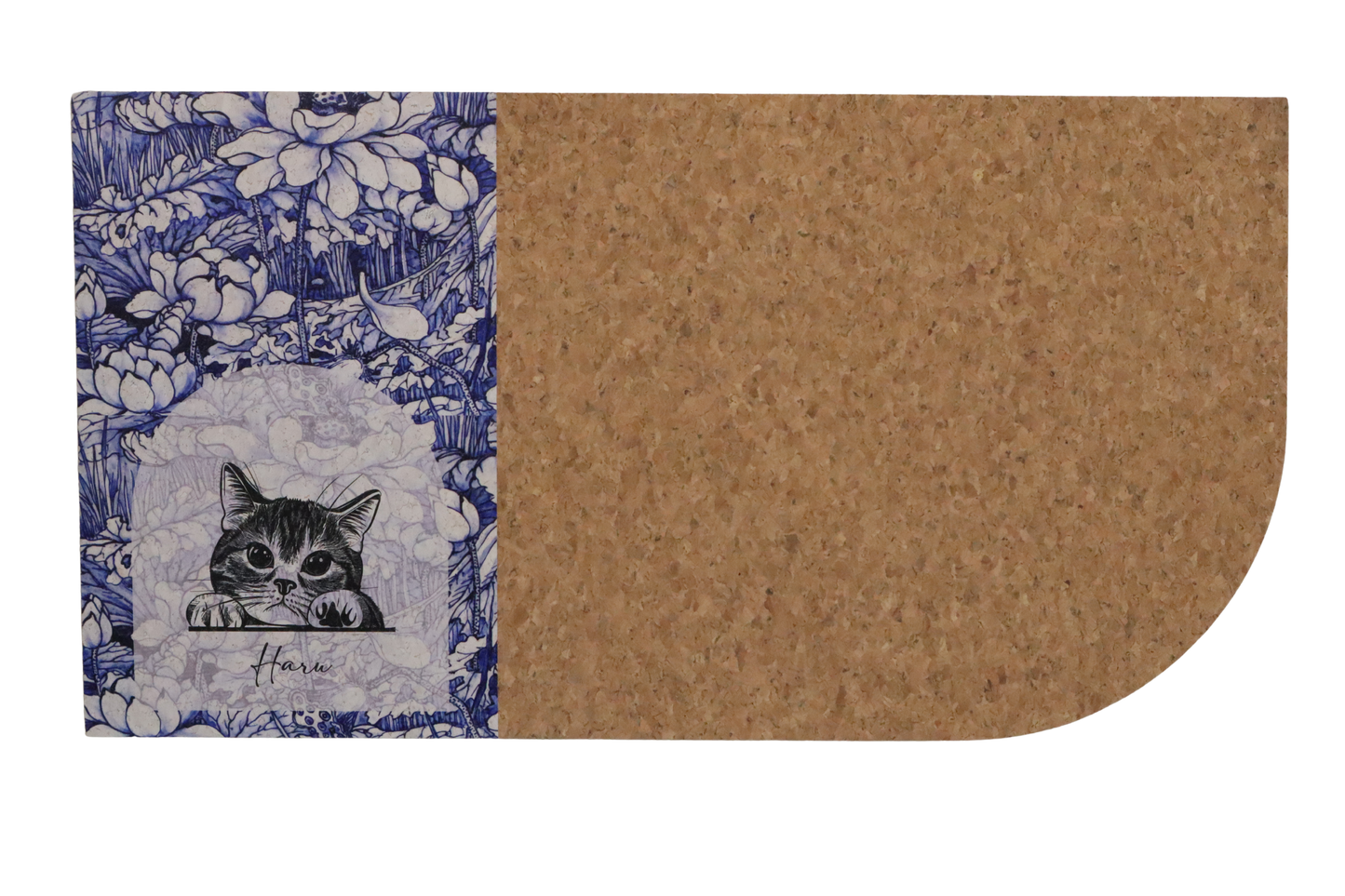 Cork mat with floral border and cat illustration on a white background