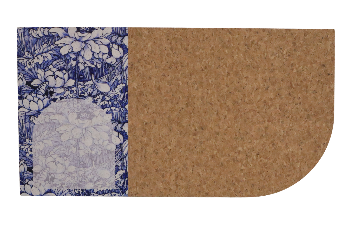 Half floral patterned mat and half cork texture mat on a white background