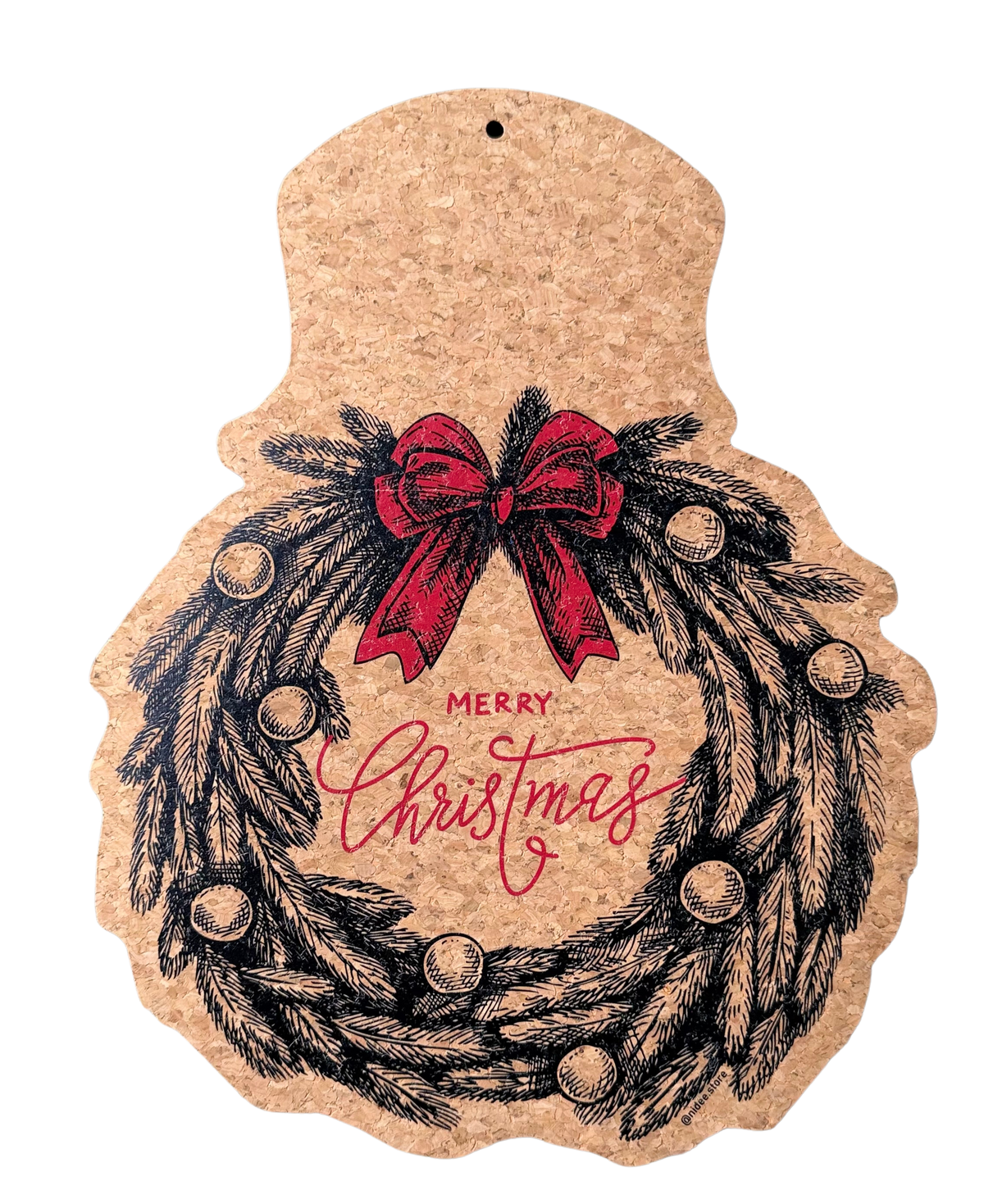 Christmas wreath ornament with red bow and 'Merry Christmas' text on a beige background