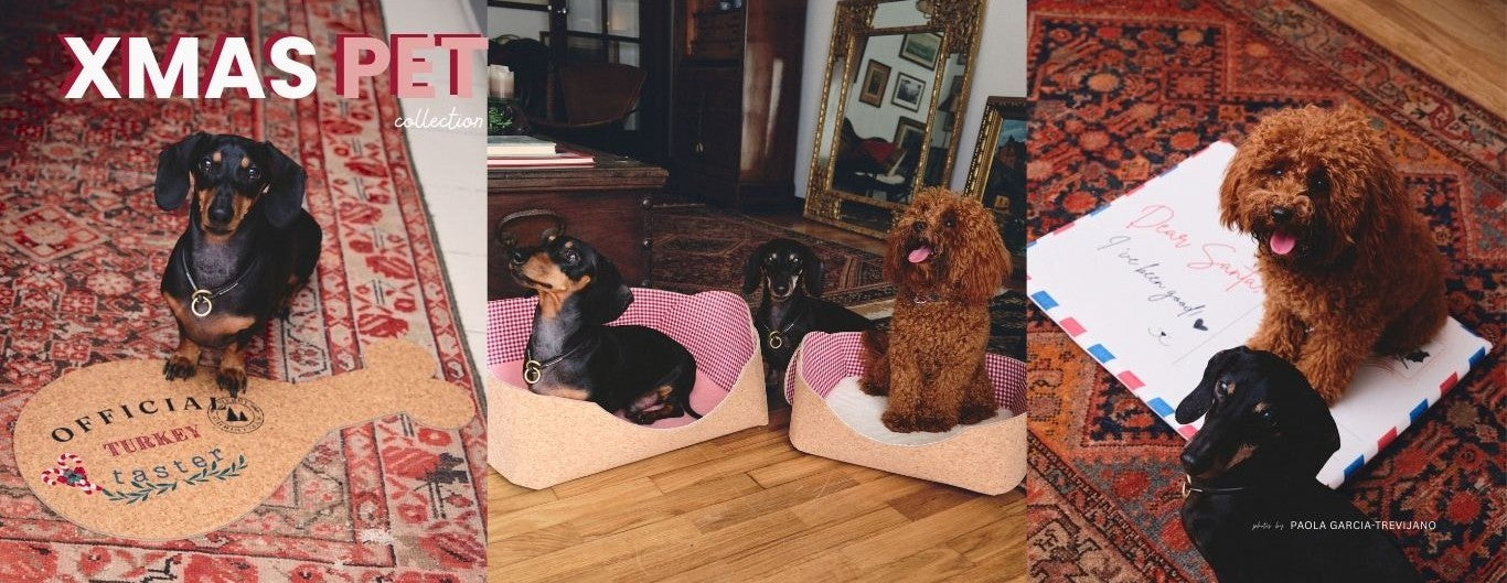 Collage of dogs on pet beds with 'XMAS PET' branding.
