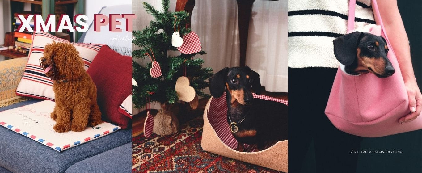 Collage of Christmas-themed pet products including a dog on a cushion, a dog in a pet bed, and a dog in a pink bag.