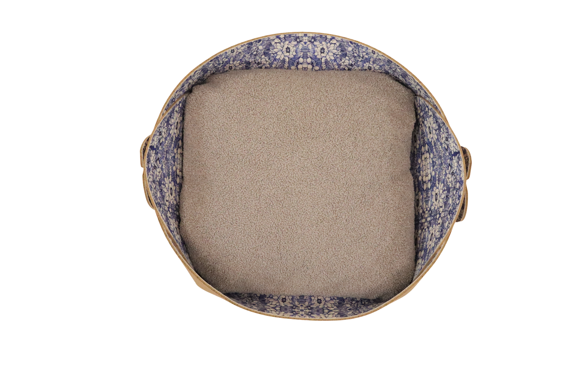 Round cushion with floral-patterned outer cover and beige inner filling on a white background