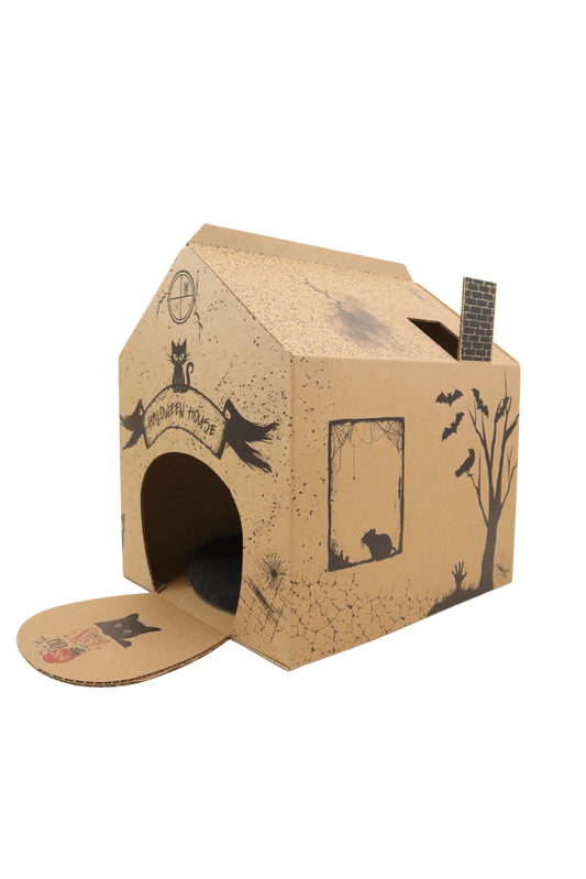 Cardboard cat house with illustrations on a white background