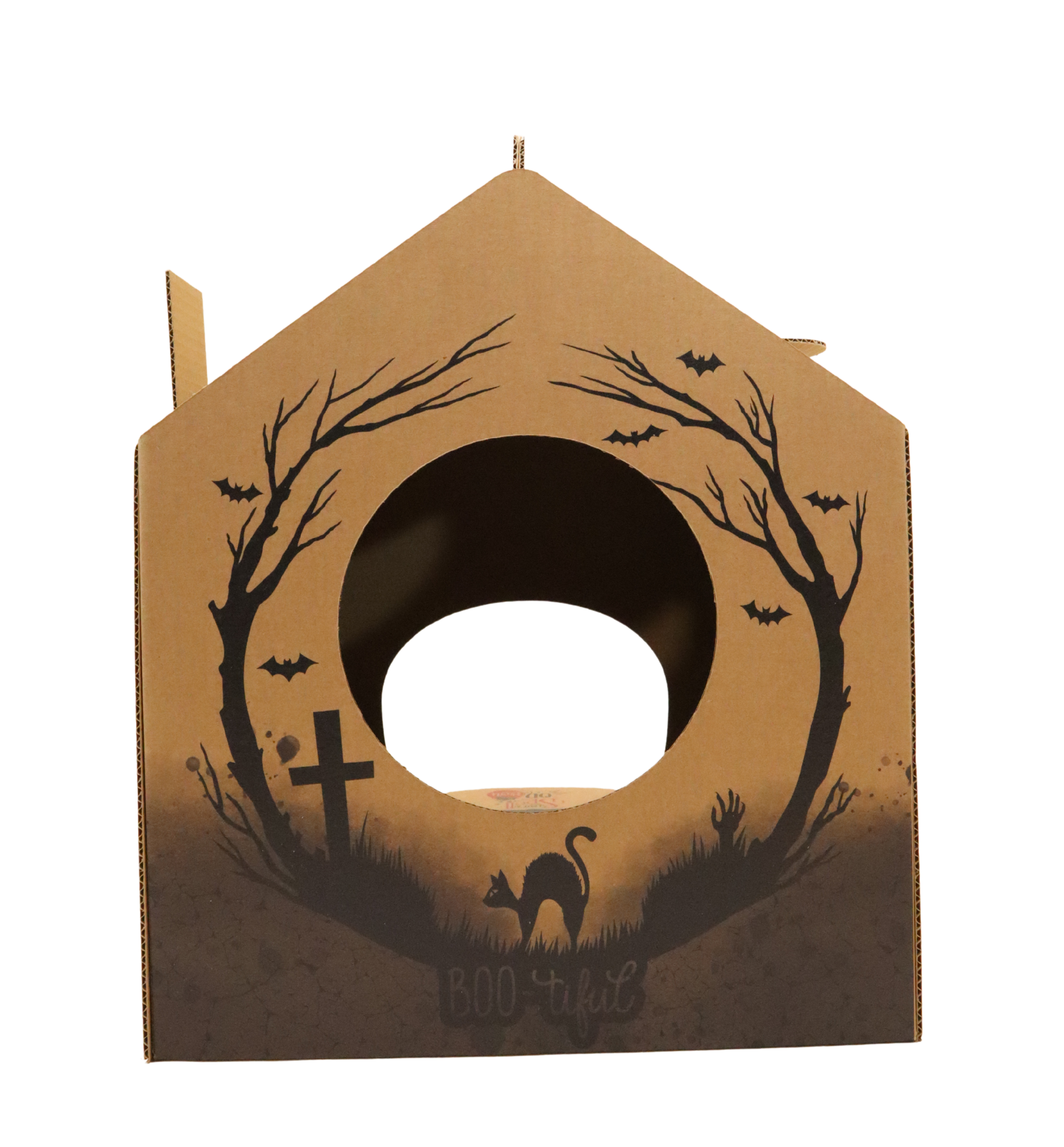 Halloween-themed cardboard cutout with tree, bats, and cat design on a white background