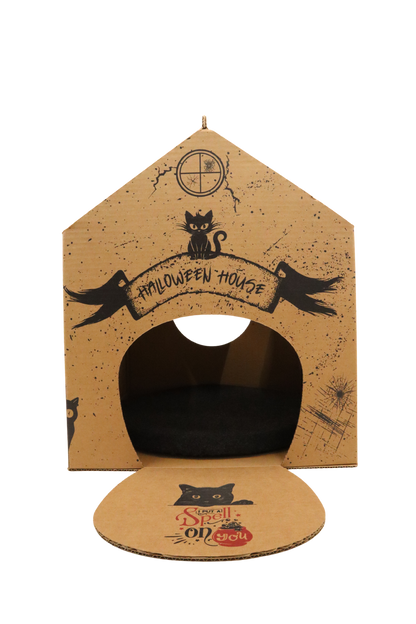 Cardboard cat house with black cat illustrations on a white background