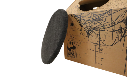 Cardboard box with Halloween-themed design featuring a spider web and ghost, with a black lid.