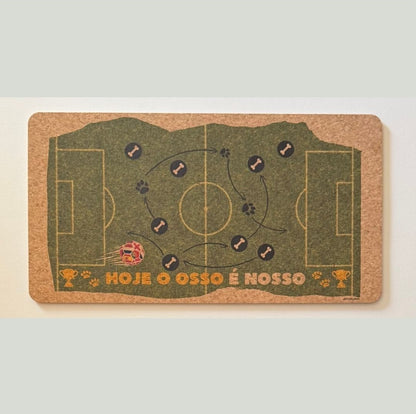 Doormat with soccer field design and text on a light gray background