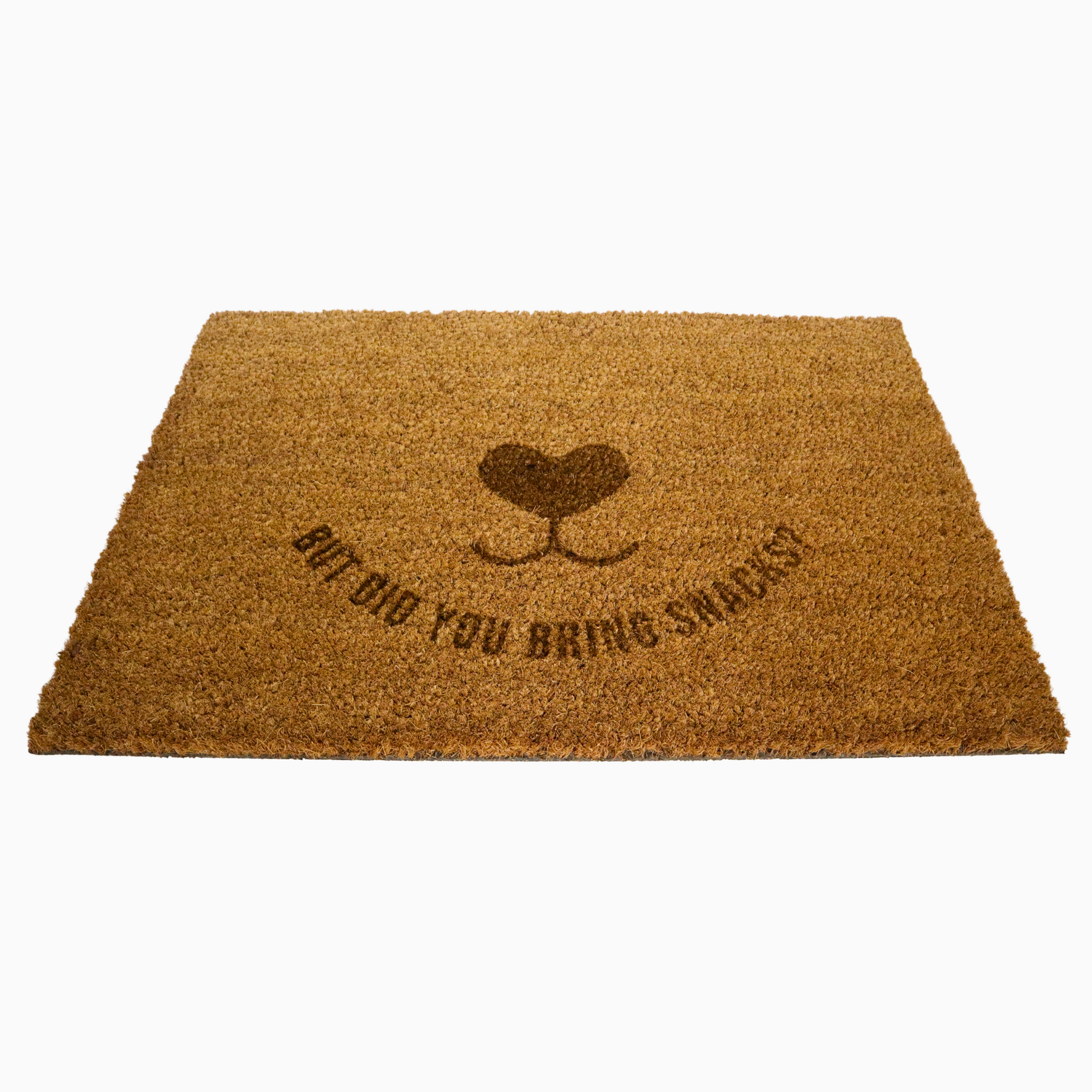 Doormat with a dog face design and text "But Did You Bring Snacks?" on a white background