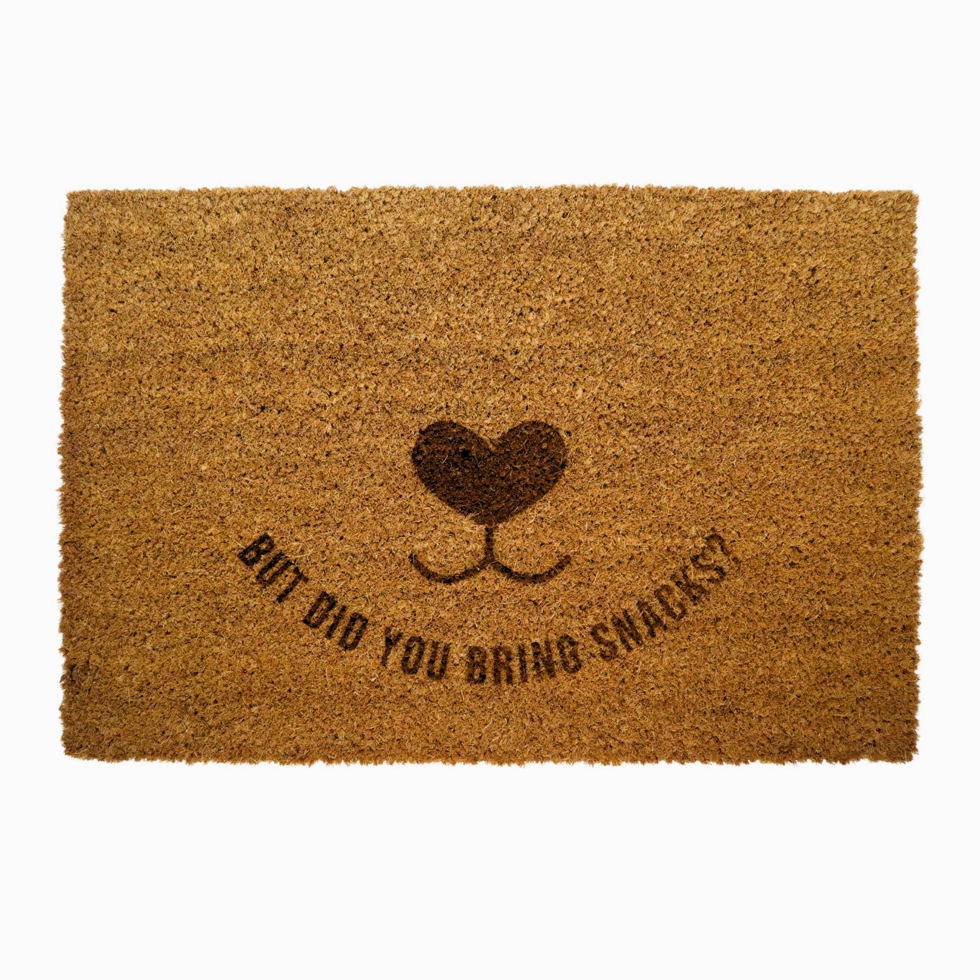 Doormat with heart design and text 'But did you bring snacks?' on a white background, perfect for dog lovers