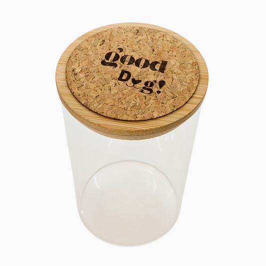 Food container for dogs, with a cork lid labeled 'Good Dog!' on a white background