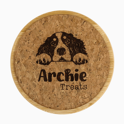 Food container with dog treats and cork lid featuring a customizable dog illustration and name on a white background, perfect for dog lovers