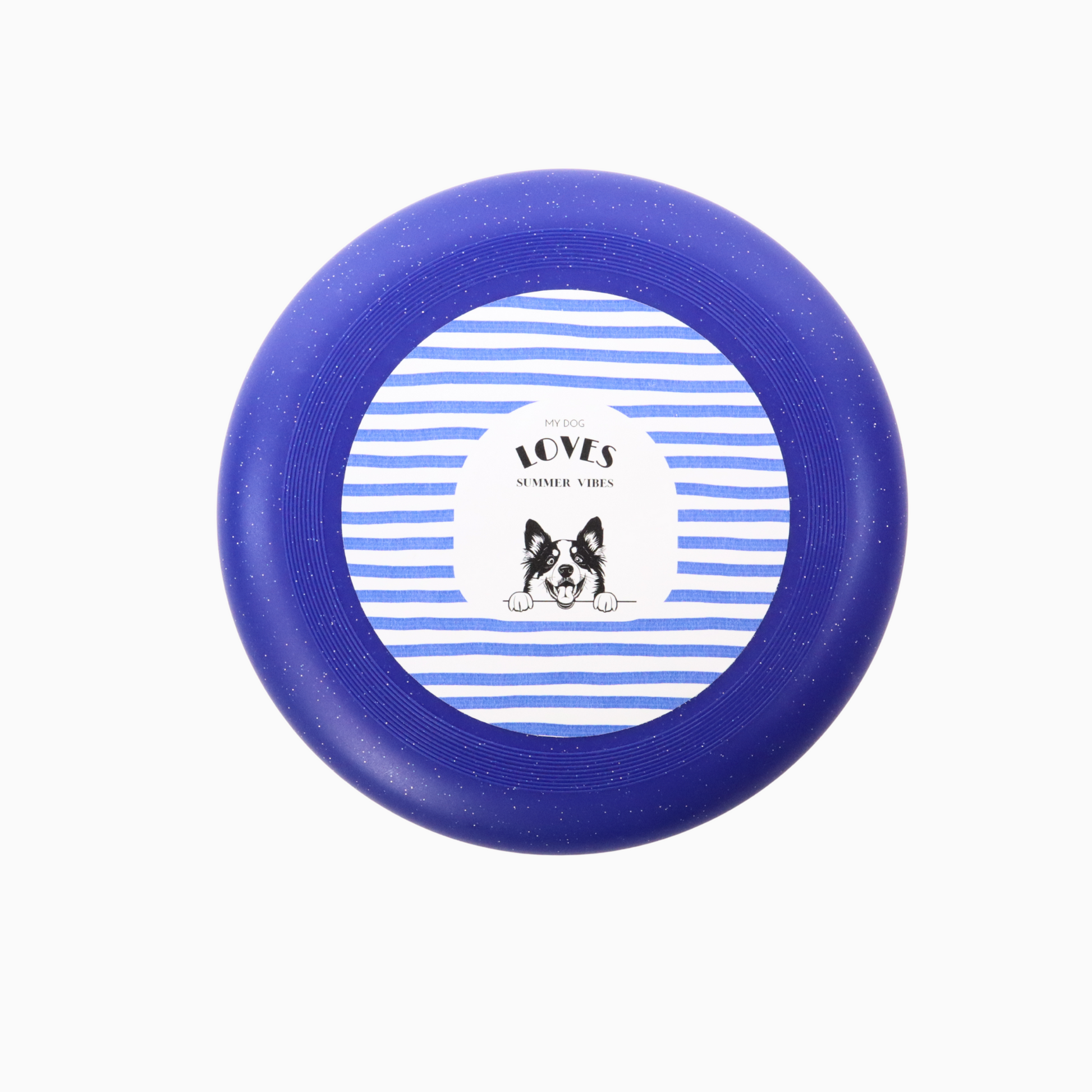 Blue frisbee with a striped pattern and a customizable dog illustration on a white background