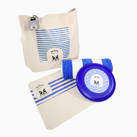 Set of customizable pet products including a tote bag, striped pouch, and blue frisbee on a grey background