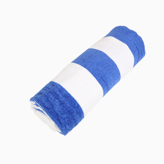 Rolled-up blue and white towel on a white background