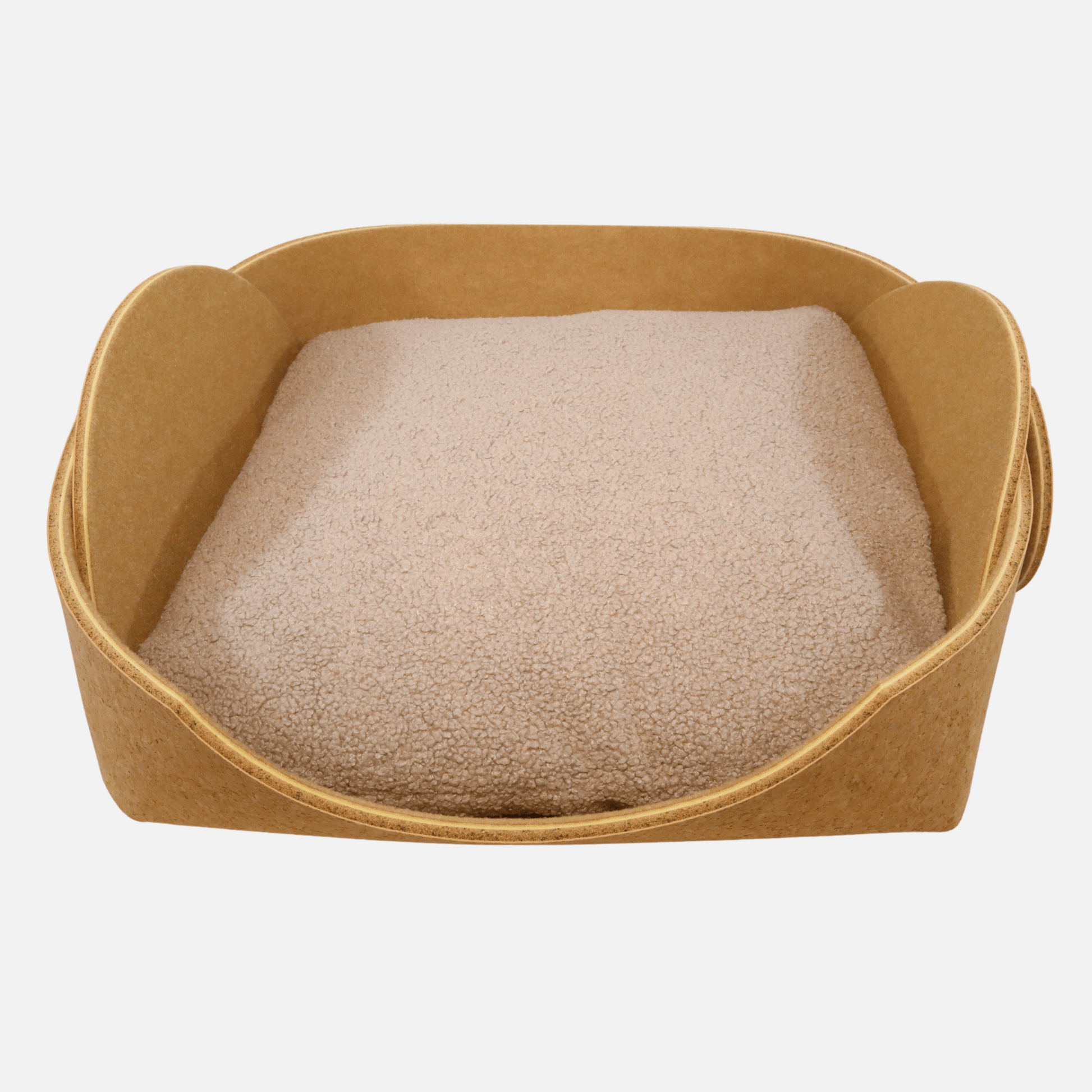 Cozy pet bed made of cork with raised sides and a soft beige cushion inside, designed for dogs and cats to sleep comfortably