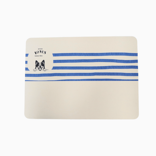 Rectangular mat with blue stripes and a customizable dog illustration on a white background, perfect for dog lovers