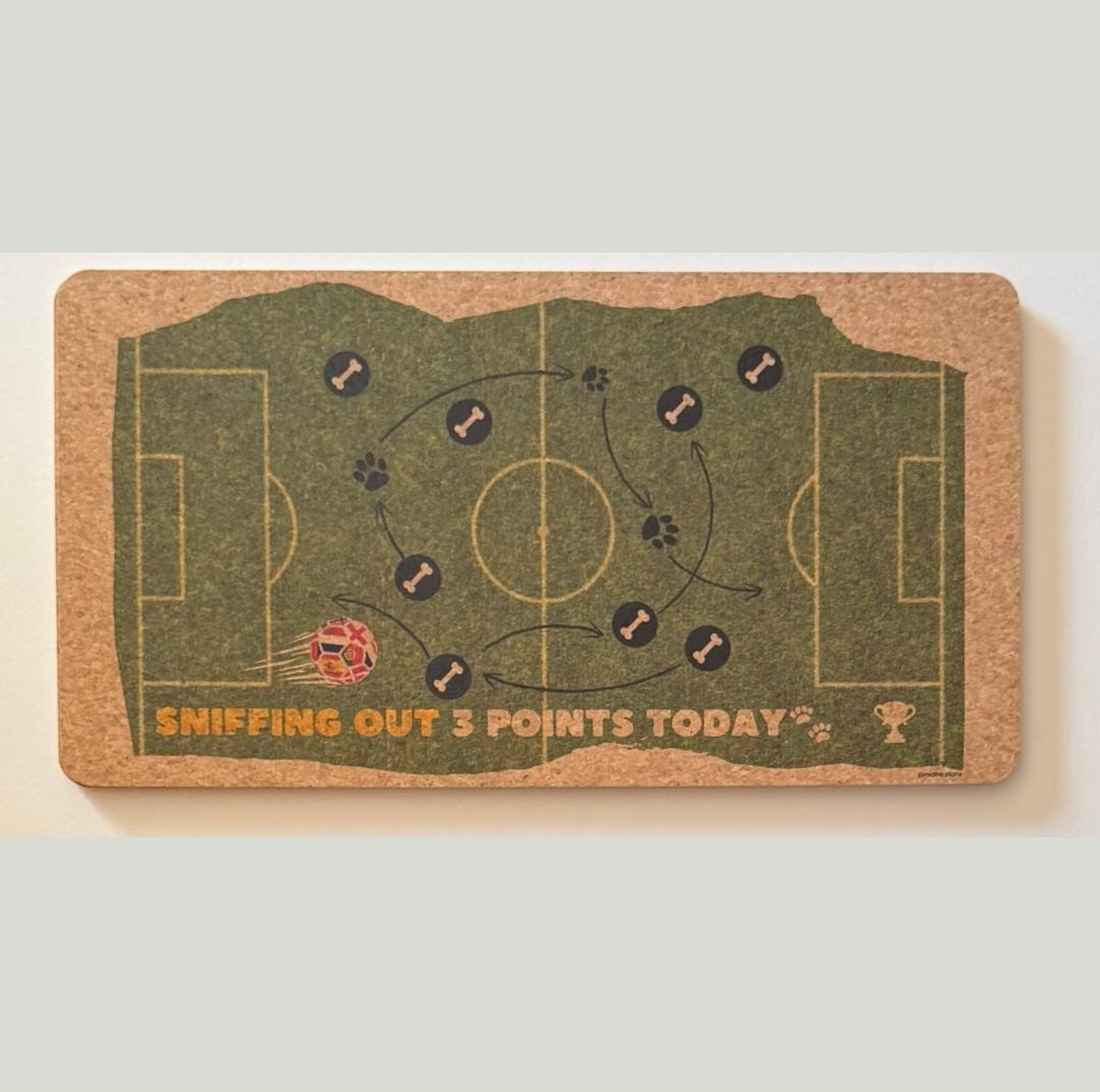 Cardboard card with a soccer field design and text on a light gray background