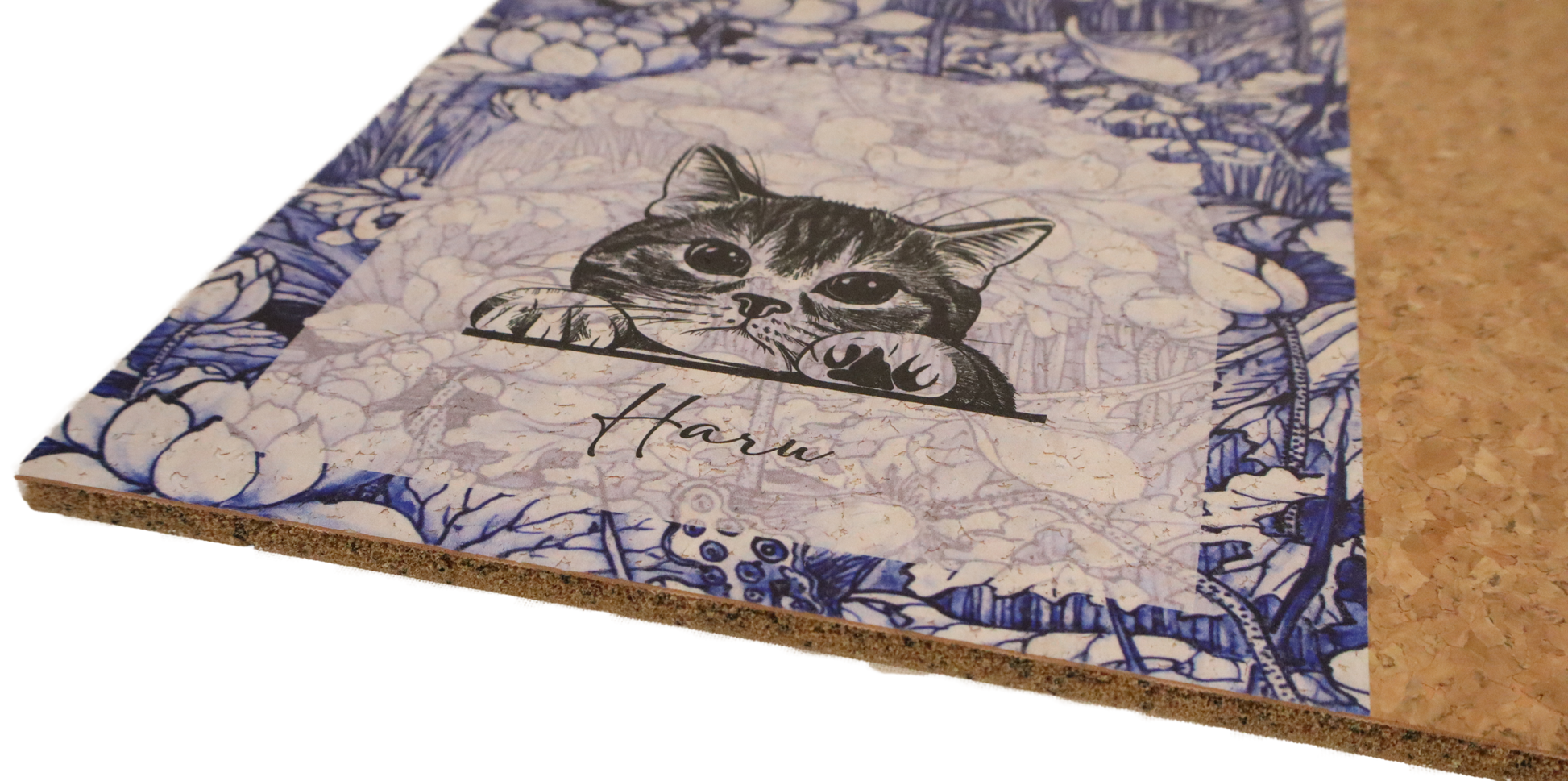Cardboard product with a cat illustration and floral design on a white background