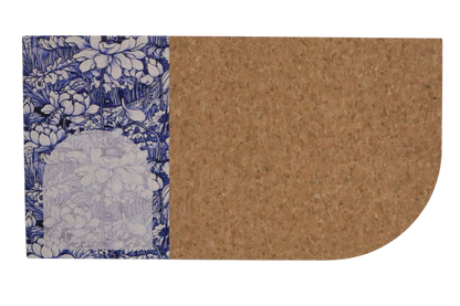 Half floral patterned mat and half cork texture mat on a white background